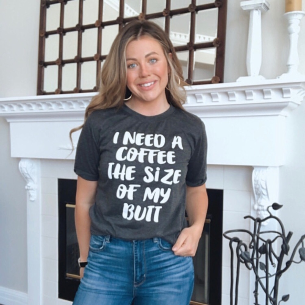 Boutique I need Coffee Funny Gray & White Tee M